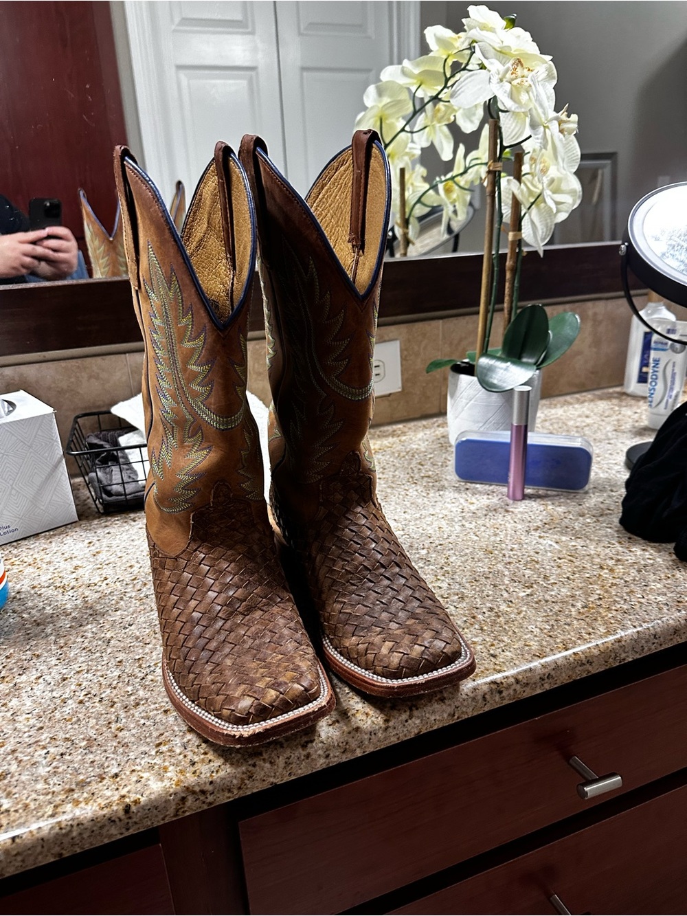 Woven Leather Cowboy Boots in Brown with Embroidered Shaft